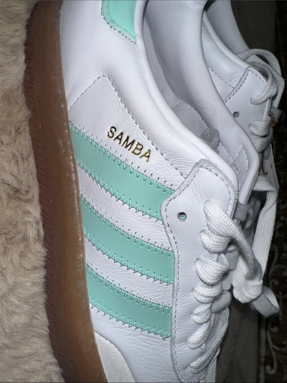 adidas White Sneakers with Mint Green Stripes and Gum Sole - Picture 6 of 14